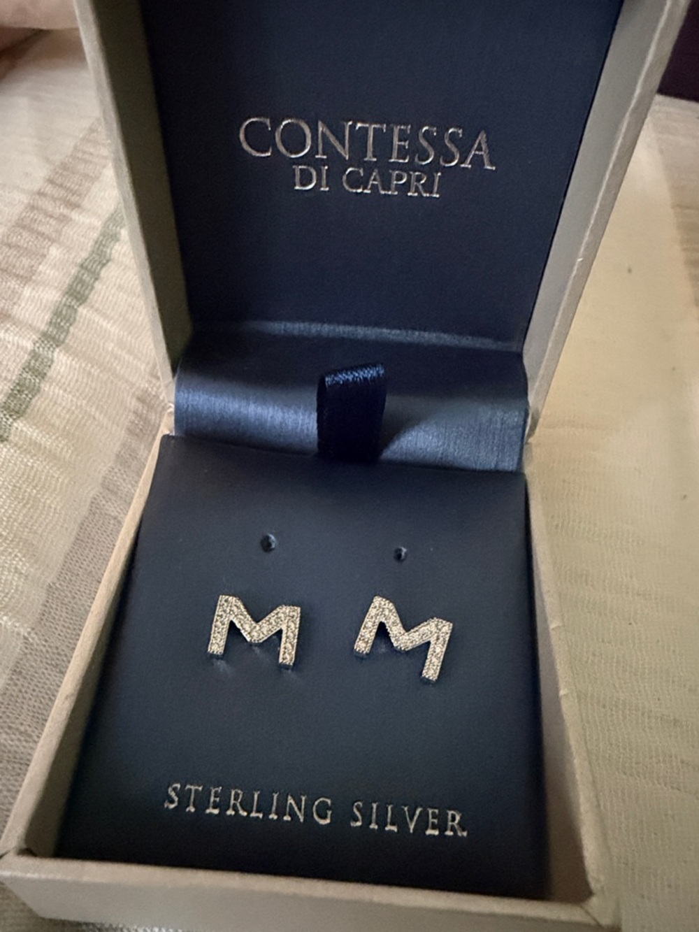 Contessa di Capri Sterling Silver CZ 'M' Initial Stud Earrings in Silver